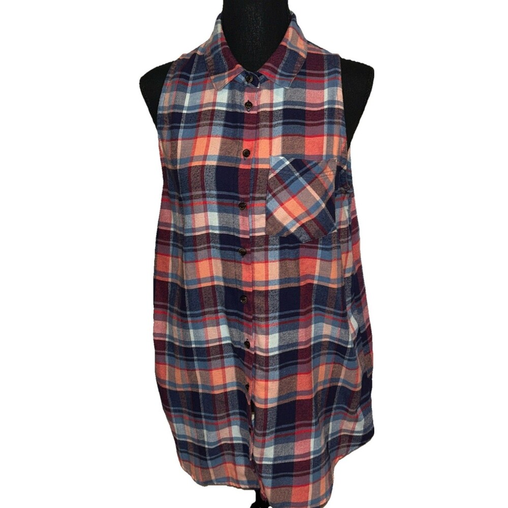 Free Press Multicolor Plaid Small Button Up Collared Sleeveless Blouse